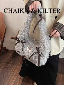 1pc Fashionable Plush Fabric Shoulder Bag, Suitable For Commuting, Shopping And More - Grey - View 7