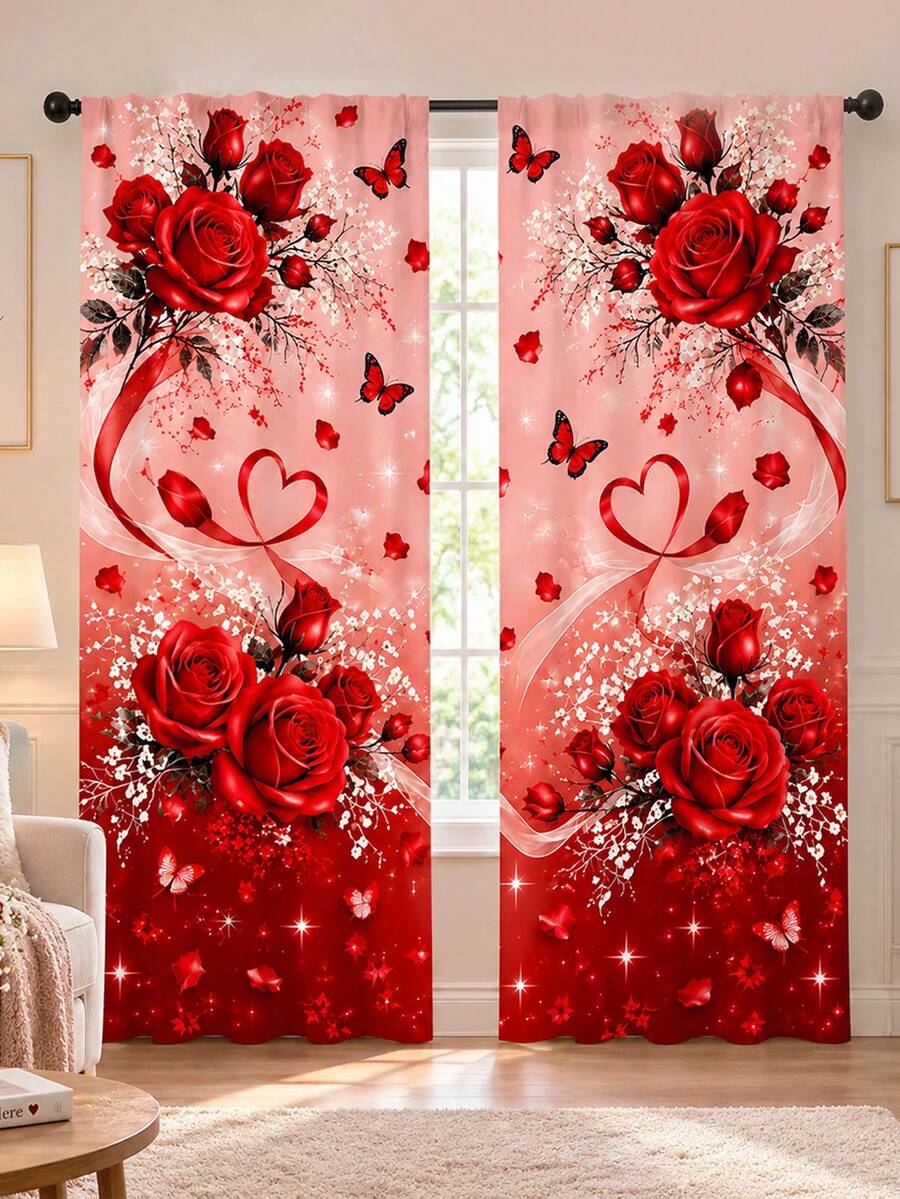 2pcs Polyester Material, Romantic Red Rose Heart Butterfly Pattern ...