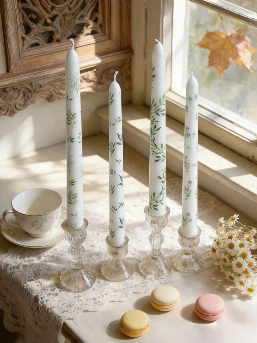 2pcs European Style Floral Print Long Candles, Smokeless Soy Wax Candles With Botanical Print, Create Atmosphere, Meditation And Lighting, Exquisite Gift, Long Candle Sticks, 25cm (9.84 Inches) Length, Suitable For Dining Room