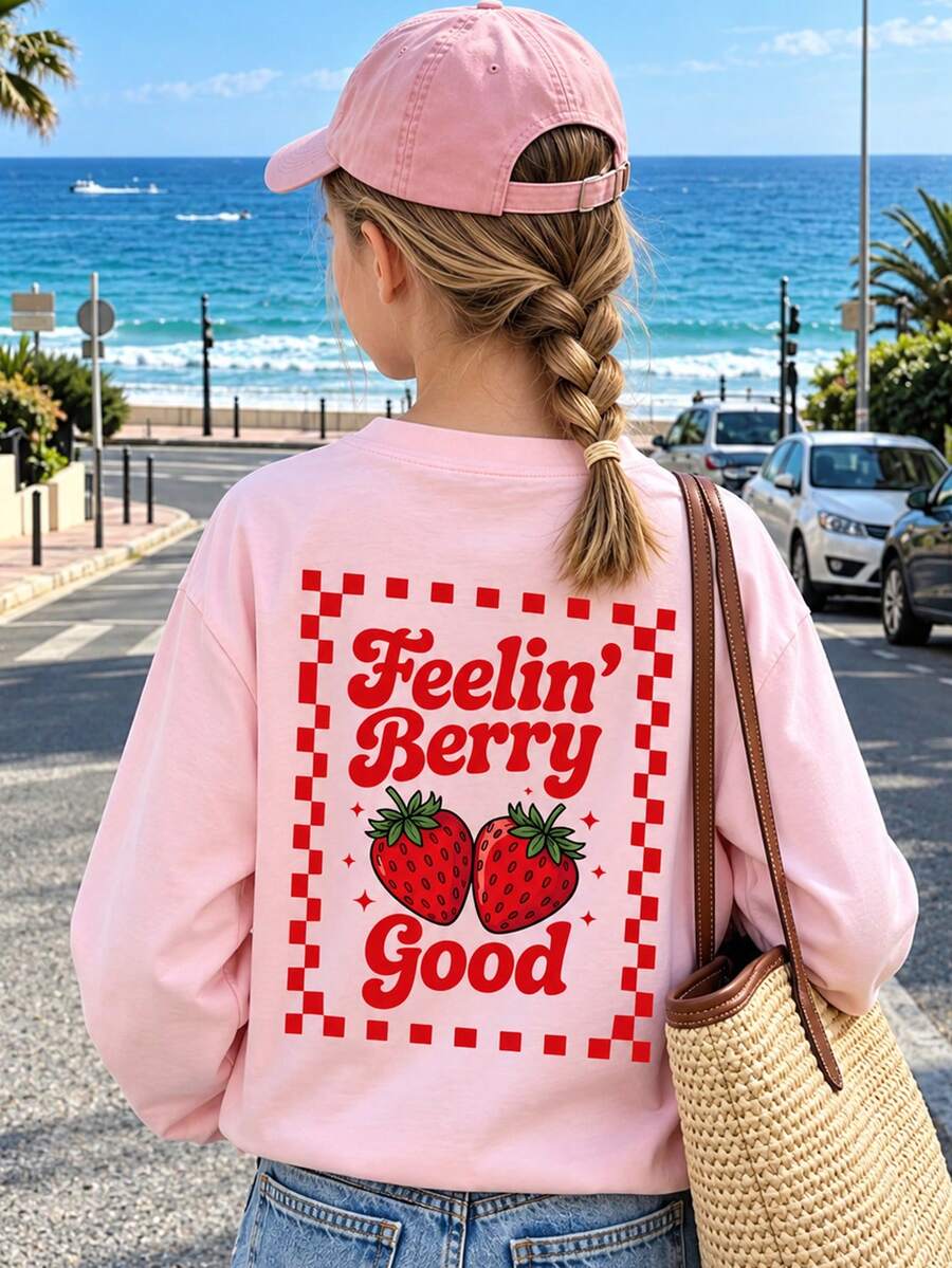 Tween Girl 1pc Printed Long Sleeve T-Shirt, Suitable For Girls' Autumn/Winter Tops, Young Student Children's Clothing, Suitable For Outerwear And Layering - Pink - View 1