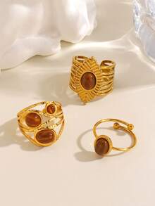3pcs Stainless Steel Fashion Geometric Oval Tiger Eye Stone Ring Set Suitable For Women Daily Wear, Party, Gathering - Multicolor - View 3