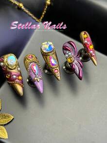 10pcs Stiletto Press On Nails,3D Luxury Colorful Rhinestone Pearl Metallic Wavy Design,Lilac Purple Gold Glitter Fall&Winter Handmade Fully Covered Fake Nails,Removable,Suitable For Party,Dance,Daily,With Jelly Glue & Nail File,Y2K Baroque Punk Nail - Lilac Purple - View 5