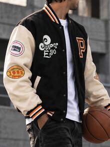 1pc Men's Black Spring/Autumn Jacket, Multi-Element Letter Print Design, Soft & Comfortable Knitted Fabric, Anti-Pilling, Anti-Wrinkle, Durable, Wear-Resistant, Street Hip-Hop Style, Daily Commute, Versatile Casual Jacket - Black - View 6