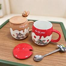 TOM AND JERRY. Cartoon Cat & Mouse Cream Rim Mug 370ml With 3D Lid + Spoon, Anti-Scald Handle, Breakfast Water Cup, Office Coffee & Milk Cup, Gift For Friends - Multicolor - View 4