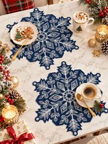 1pc Winter Navy Blue Snowflake Design Christmas Placemat, White Snowflake Table Mat, Pastoral Style Holiday Tabletop Decor, Suitable For Christmas Party Dining Table - Multicolor - View 2