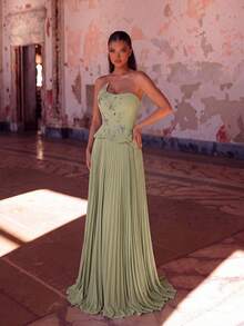 ADYCE Elegant Tube Top Waisted Backless Bodycon Tie-Back Rhinestone Floor-Length Birthday Party Prom Gown Homecoming Wedding Guest Formal Dinner Christmas - Green - View 6