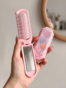 1PC Cute Pink Folding Hair Brush With Built-In Mirror, Sweet Bow Ballet ...