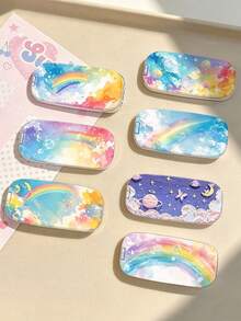 1 Piece Of Watercolor Rainbow Starry Sky Folding Mobile Phone Stand, Dreamy Cloud Planet Pattern Adhesive Mobile Phone Stand, Makeup Mirror Mobile Phone Stand With Both Horizontal And Vertical Folding Function, Small And Portable Mirror Surface, Convenient For Catching Up With TV Series On The Desktop, Lazy Person's Accessory - Multicolor - View 1