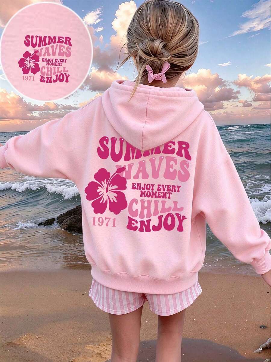 Tween Girl Fun Print Sweatshirt, Warm And Comfortable Thermal Lined Pullover Sweatshirt For Autumn/Winter - Pink - View 1