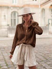 Women's Brown Knit Cardigan, Round Neck, Long Sleeve, Button Front, Hollow Ribbed Knit, Regular Length, Autumn/Winter Fashion - Coffee Brown - View 4