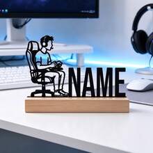 1pc Customized Gamer Name Metal Sign With Wooden Base, Personalized Desk Decor, Unique Gaming Room Decoration, Suitable As Men's Gift, Gaming Room Desktop Decor, Customized Gamer Gift Plaque - Black - View 4