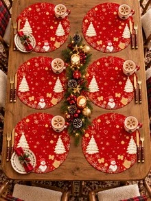1pc Christmas Placemat, Red Background With Gold Snowflake, Christmas Tree And Snowman Pattern Table Mat, Indoor Dining Table, Party Home Desktop Decoration Placemat - Multicolor - View 9