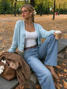 Elegant Fall Winter Cable Knit Cardigan For Women, Light Blue V Neck Cropped Sweater With 3D Flower Buttons, Hollow Out Long Sleeve Knit Jacket - Blue - View 7