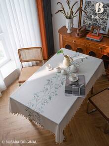 Bubaba Vintage Botanical Embroidered Tablecloth, Beige Tassel Edge, Sage Green Leaves & Golden Floral Vine Design, Rustic Farmhouse Style Linen Texture Rectangular Tablecloth, Suitable For Kitchen, Dining Room, Country Cottage And Daily Home Decor - White - View 9