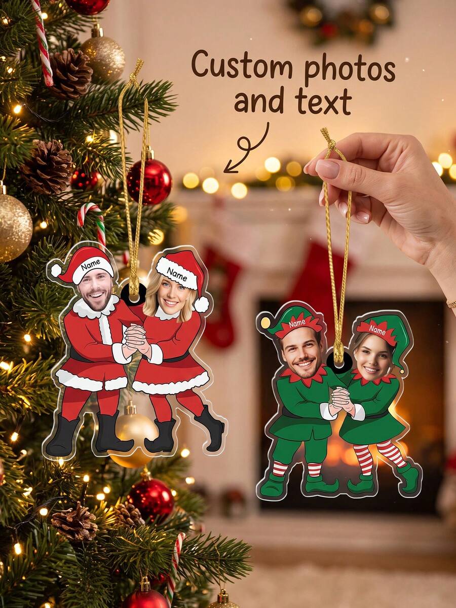 1pc Personalized Couples Matching Christmas Ornament, Custom Photo And Text Elf Christmas Acrylic Ornament, Funny Couple Picture Ornament, Christmas Gift - Multicolor - View 1