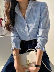 Women's Fashion Striped Colorblock Button-Down Shirt For Commuting - Blue - View 1