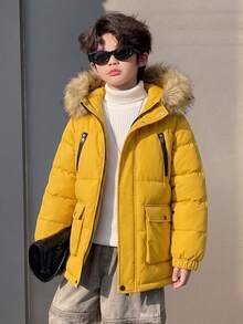 Boys' Autumn/Winter Casual Outdoor Versatile Hooded Zip-Up Jacket With Large Fur Collar And Cargo Pockets - Ginger - View 3
