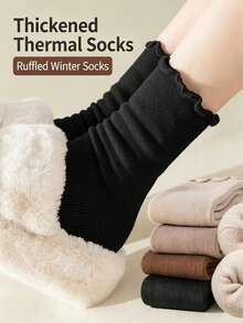 Women's Mid-Calf Snow Socks, Thick Fleece Lining Warm Winter Socks, Ruffle Cuff With Bow Embroidery, Comfortable Plush Thickened Home Floor Socks, Suitable For Daily Wear, Multiple Colors Available - Multicolor - View 1