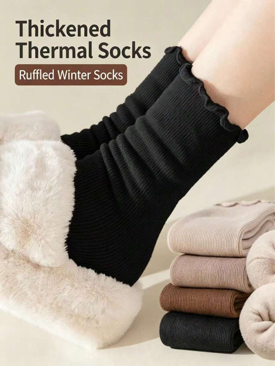Women's Mid-Calf Snow Socks, Thick Fleece Lining Warm Winter Socks, Ruffle Cuff With Bow Embroidery, Comfortable Plush Thickened Home Floor Socks, Suitable For Daily Wear, Multiple Colors Available - Multicolor - View 1