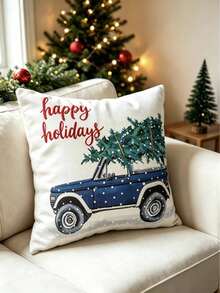 LCUHPCL Nordic Style Christmas Car Print Happy Holidays Letter 3D Embroidered Pillowcase 1pc Suitable For Bedroom Living Room Sofa Daily Party And Various Environments - Multicolor - View 9