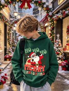 1pc Boys Hooded Sweatshirt, Printed With English Text And Santa Claus Pattern, Christmas Holiday Design, Comfortable Autumn/Winter New Top - Green - View 1