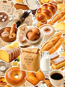 50Pcs Butter & Wheat Aroma Collection Stickers, Retro Baking Healing Style, Including Bagels, Baguettes, Braided Bread, Madeleines, Macarons, Vintage English Note Elements, For Journal Collage, Tablet, Notebook, Storage Box, DIY Craft Decoration - Multicolor - View 9
