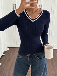 Vuslat Women's Preppy V-Neck Fitted Cable Knit Sweater Top, Suitable For Party, Shopping, Back To School, Christmas, Commuting And Work - Navy Blue - View 8