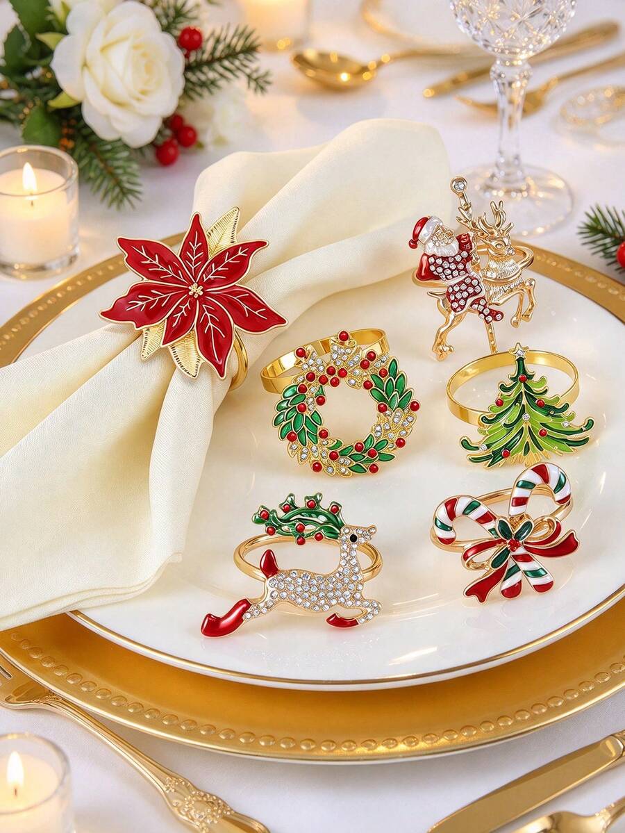 2-6pcs/Set Christmas Napkin Rings, Snowman, Christmas Tree, Boots, Santa Hat, Candy Cane, Christmas Table Decor Napkin Holders, Christmas Party Napkin Rings - Multicolor - View 1