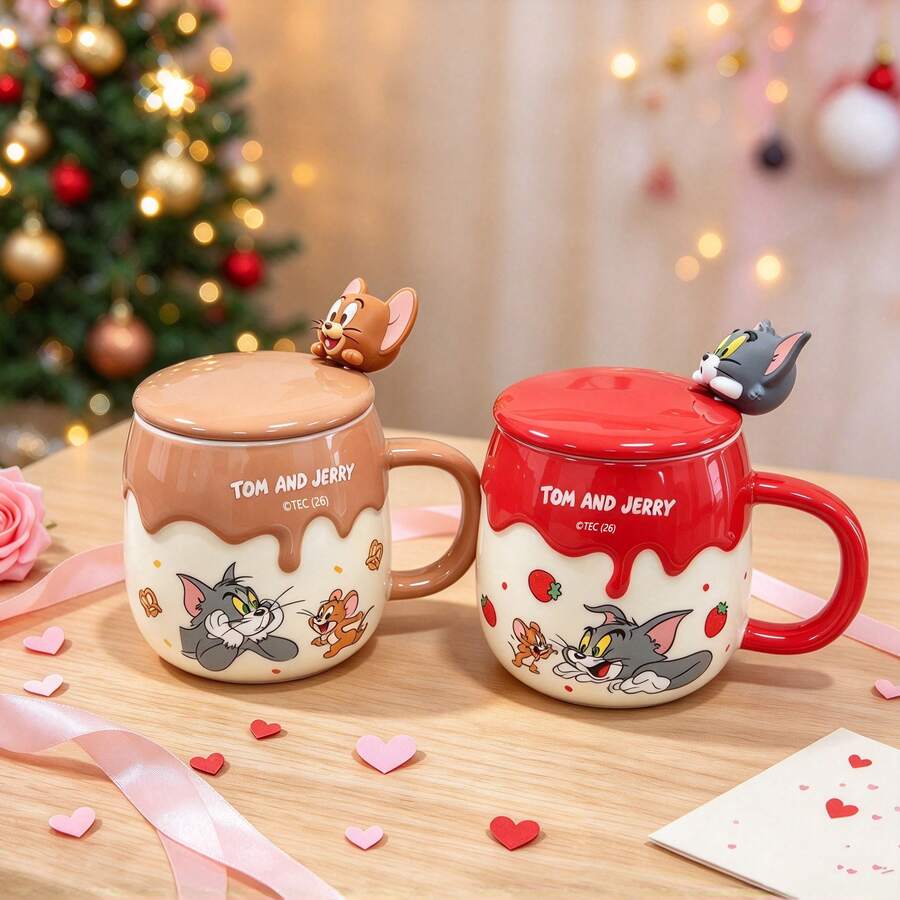 TOM AND JERRY. Cartoon Cat & Mouse Cream Rim Mug 370ml With 3D Lid + Spoon, Anti-Scald Handle, Breakfast Water Cup, Office Coffee & Milk Cup, Gift For Friends - Multicolor - View 1