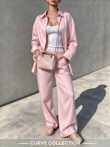 Women's Plus Size 2 Pieces Set Solid Color Casual Long Sleeve Collared Shirt Top And Loose Wide Leg Pants, Suitable For Outings, Vacations And Back To School - Pink - View 4