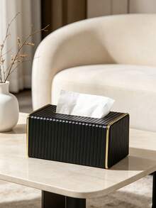 Multifunctional Desktop Tissue Box PU Leather Stripe Design Gold Edge Tissue Box Suitable For Living Room Dining Room Kitchen Desktop Decoration Home Decor Accessories & Storage Apartment Essentials - Multicolor - View 7