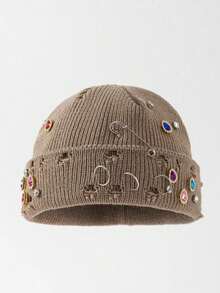 1pc Unisex Fashion Handmade Colorful Rhinestone Water Drop Heavy Decoration Distressed Metal Pin Round Ring Knit Knitted Hat, Suitable For Autumn/Winter Daily Warmth And Travel Outfit - Multicolor - View 11