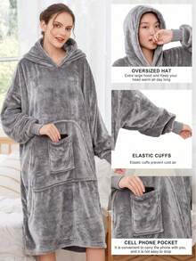 1pc Solid Color Oversize Hoodie, Flannel Soft Fleece Pullover Hoodie Robe, TV Blanket, Warm Wear, Slouchy Huggle, Mother's Day Gift - Multicolor - View 5
