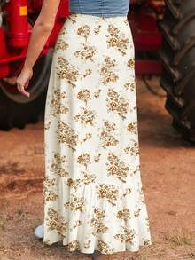 Acelitt Sky Blue Bohemian Style Ditsy Floral High Waist Ruffle Hem Slit Maxi Skirt White Summer - White - View 3