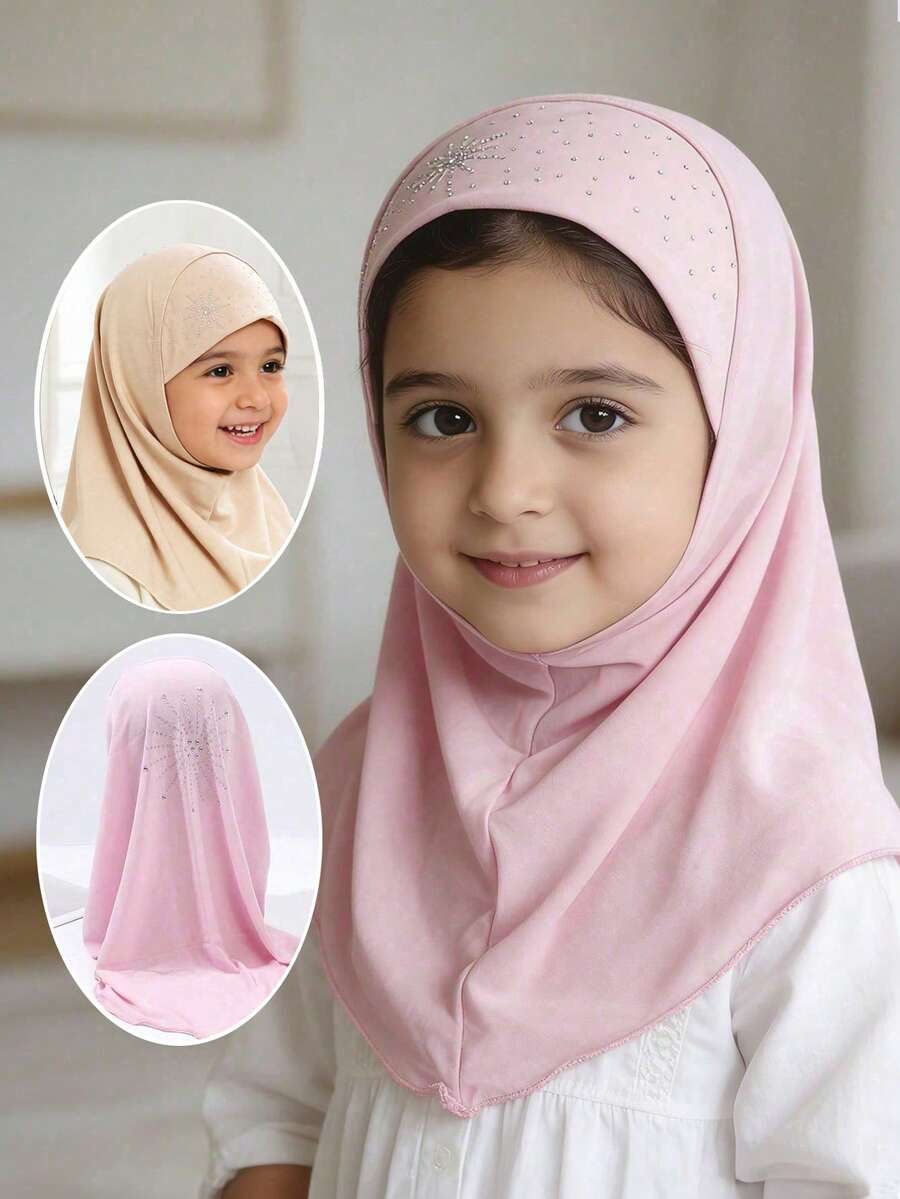 1pc Toddler Shiny Rhinestone Muslim Hijab, Soft Lightweight Chiffon Headscarf For Girls, Solid Color Kids Prayer Veil, Suitable For Daily Wear And Holiday Parties - 1PC - View 1