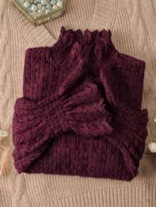 Women's High Neck Brushed Lace Base Layer Top, Autumn/Winter New Style Sweater Inner Layer, Layering Warm Fashionable Blouse - Burgundy - View 1