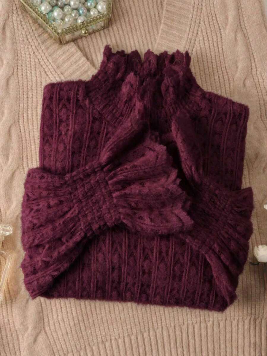 Women's High Neck Brushed Lace Base Layer Top, Autumn/Winter New Style Sweater Inner Layer, Layering Warm Fashionable Blouse - Burgundy - View 1