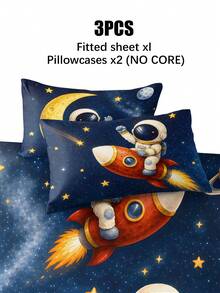 3pcs Bed Sheet Set (1PC Bed Sheet + 2pcs Pillowcases, Pillow Inserts Not Included,) Polyester Digital Print, Space Puppy Astronaut Moon Cartoon Pattern Bedroom Supplies, Machine Washable, Daily Bedroom Home Textile Products - Multicolor - View 8