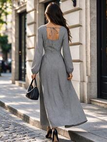 Women Fall Winter Gingham Square Neck Long Sleeve Maxi Dress Back Tie Flowy A Line Long Dress - Black and White - View 3