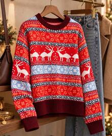 Women's Multi-Color Fair Isle Christmas Sweater, With Reindeer And Snowflake Stripes, Long Sleeve Crew Neck Knit Top, Suitable For Winter - Red - View 1
