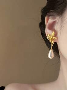 1 Pair Elegant Floral Geometric Faux Pearl Drop Earrings Suitable For Women's Daily And Party Wear - Yellow Gold - View 3