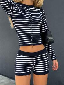 Women's Y2K Ribbed Striped 2 Pieces Knit Outfit, Button Front Cropped Cardigan & Scalloped Hem Shorts, Date Night Co-Ord Set - Navy Blue - View 5