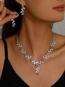 Women's Floral Jewelry Set Necklace & Earrings 2pcs Set, Floral Print Party Street Style Bridal Accessories Wedding Season - Baby Blue - View 6