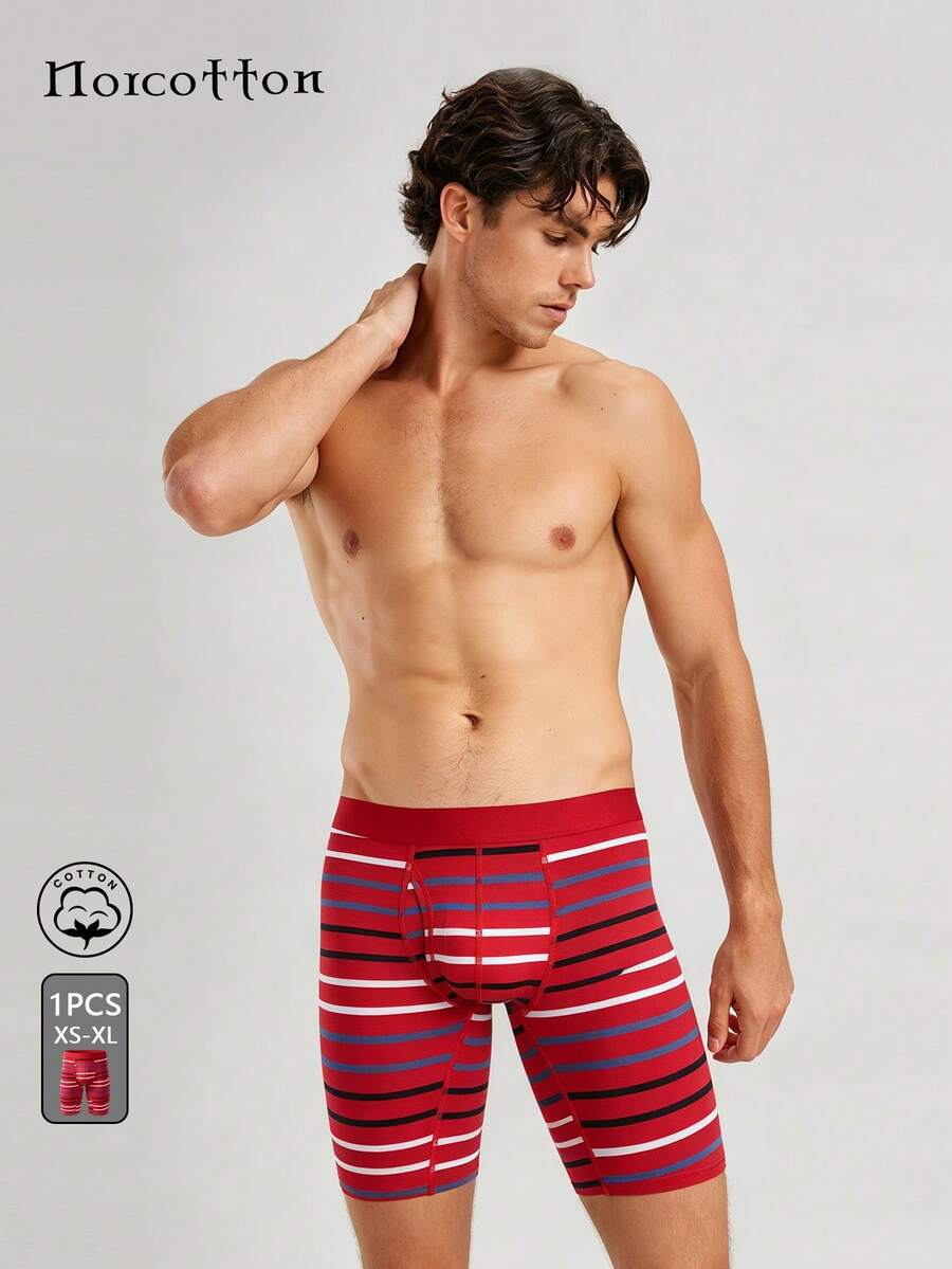 Norcotton Red Contrast Stripe Extended Length Boxer Briefs, Sports Anti-Chafe Mid-Length Pure Cotton Boxer Shorts, 1pc - Red - View 1