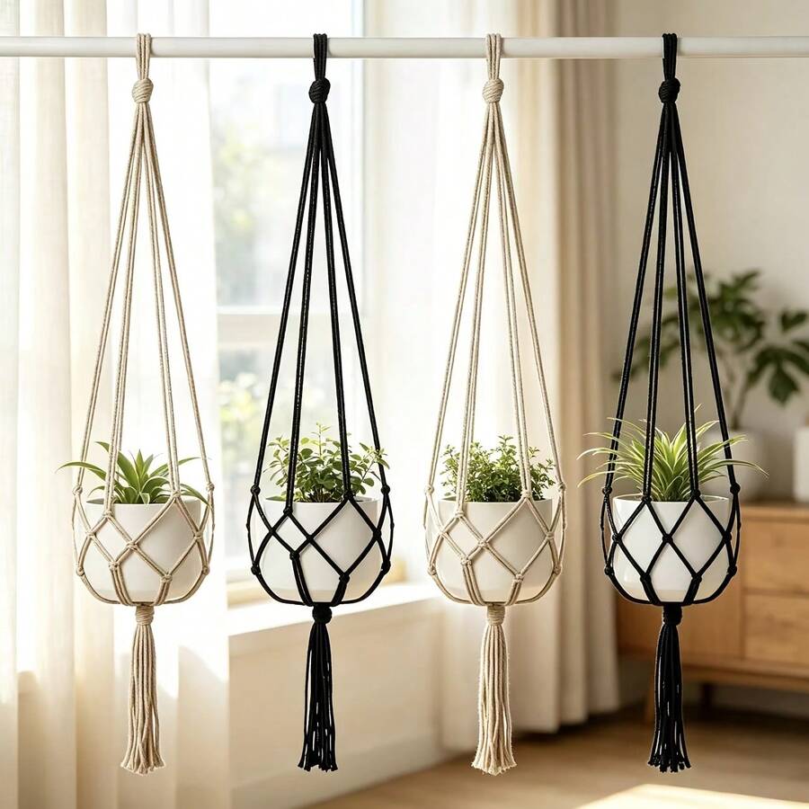 4pcs/Set Woven Bohemian Style Plant Hanging Baskets, Four-Rope Reinforced Support Structure, Stable And Non-Wobbling, Hollow Mesh Bag Design, Utilize Vertical Space To Hang Green Plants, Suitable For Living Room, Balcony, Bedroom Wall Decoration