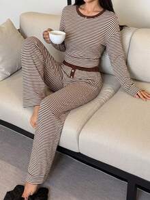 DAZY Casual Women's Spring/Autumn Thin Pajama Set, Simple Contrast Color Striped Print, Long Sleeve Top And Long Pants, Lazy Comfortable Loungewear - Multicolor - View 5
