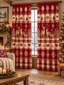 Farmhouse Christmas Curtains, Nordic Reindeer Snowflake Pine Tree Red Plaid Polyester Window Curtain Panels For Living Room Bedroom, Rustic Winter Holiday Decor - D - View 3