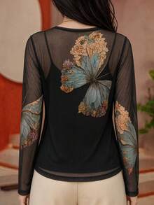Women's Elegant Sheer Mesh Long Sleeve Top, Exquisite Butterfly Print, Round Neck Regular Fit Woven Blouse, Suitable For Autumn - Multicolor - View 2