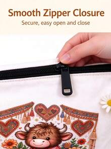 Bohemian Highland Cow Makeup Bag, Cartoon Cow Tassel Tapestry Floral Print Canvas Storage Bag, Vintage Portable Toiletry Bag, Portable Makeup Bag, Miscellaneous Storage Bag, Lightweight Travel Storage Bag, Student Stationery Storage Bag, Office Desk Organizer Bag, Multi-Scenario Portable Storage Bag - Multicolor - View 3
