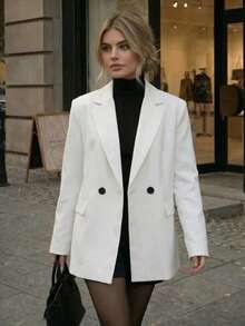 Women's Fashion White Double-Breasted Long Sleeve Regular Fit Polyester Blazer Jacket With Pockets, Autumn Style - White - View 1